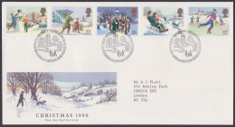 GB Great Britain 1990 FDC Christmas, Christianity, Sledding, Snow Religion, Snowman, Pictorial Postmark, First Day Cover - Storia Postale