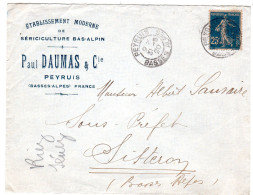 1920  CAD PEYRUIS " Paul DAUMAS & Cie Sériculture Bas Alpin à PEYRUIS "  Envoyée à SISTERON - Storia Postale