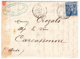 1864  CAD T 15 De TOULOUSE Sur Sage 15c  Repiquage " Vve LOUPIAC Fils Ainé à TOULOUSE " Envoyée à CARCASSONNE - 1877-1920: Semi-Moderne