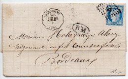 Convoyeur-Station 'Libourne (32) LIB. Bx' Sur Lettre De 1874 + Cachet BM - Railway Post