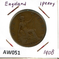 PENNY 1908 UK GROßBRITANNIEN GREAT BRITAIN Münze #AW051.D.A - D. 1 Penny