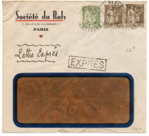 Paix 75c + 1f25 X2 Sur Lettre Par Exprès De 1933 - Vignette 'Roly L'âme De La Mandarine' Au Verso - 1921-1960: Moderne