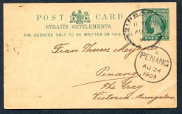 RC 27561 SINGAPORE 1903 STRAITS SETTLEMENTS CARD TO PENANG MALAYSIA - Singapore (...-1959)