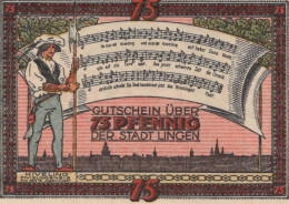 75 PFENNIG 1921 Stadt LINGEN Hanover UNC DEUTSCHLAND Notgeld Banknote #PC252 - Lokale Ausgaben