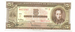 BOLIVIA 5 BOLIVIANOS 1945 SERIE F AUNC Paper Money Banknote #P10789.4 - [11] Emissions Locales