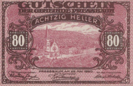 80 HELLER 1921 Stadt PRESSBAUM Niedrigeren Österreich Notgeld Banknote #PE300 - [11] Emissions Locales