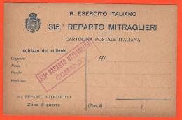 Mitraglieri Regio Esercito 315° Reparto Mitraglieri Cartolina Postale - Regimientos