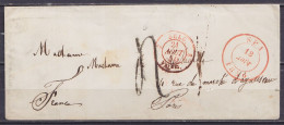 Env. Càd SPA /18 AOUT 1850 Pour PARIS - Marque Passage "BELG.2 /21 AOUT 50/ VALnes" - Port "4" Au Tampon (au Dos: Càd Ar - 1849-1850 Medallones (3/5)