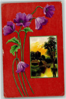 39177805 - Lila Blumen Und Landschaft Mit Dorf  AK - Bloemen