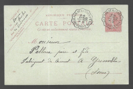 Cachet Convoyeur Lyon à Grenoble Par Saint Rambert 1906 Sur Entier Postal Semeuse Lignée 10c (13557) - Bahnpost