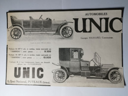 Cartonnage Publicitaire AUTOMOBILES UNIC Georges RICHARD, Constructeur PUTEAUX (Seine) 17,5 X 27 Cm Env - Werbung