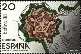España 1988 Edifil 2955 Sello ** Exposición Filatélica Nacional EXFILNA'88 Plano De Pamplona Sobre Fondo De Mapas - Unused Stamps