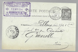 Cachet E. Perrier Fils à Tullins Sur Entier Postal Sage 10 Centimes Noir Voyagé En Mai 1894 Vers Grenoble (13576) - Tullins