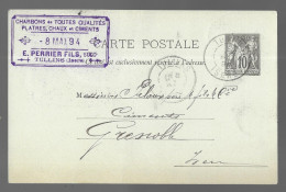 Cachet E. Perrier Fils à Tullins Sur Entier Postal Sage 10 Centimes Noir Voyagé En Mai 1894 Vers Grenoble (13572) - Tullins