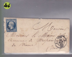 Un Timbre Napoléon III   N° 14  20 C Bleu   Sur Lettre  1856     Destination Mespaul  ( Isère ) - 1853-1860 Napoleone III