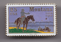 Pin's En Forme De Timbre Montana 1889 1989 Cow Boy Sur Un Cheval  Réf 7010JL - Ciudades