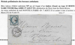 Lettre De TOURS  1855   Timbre Empire N° 14 Ambulant NP Càd BOITE GARE TOURS / Bau AMBt 1 Rare Et TTB - Bahnpost