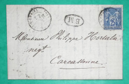 N°78 SAGE CAD TYPE 17 CONQUES SUR ORBIEL AUDE BM BOITE MOBILE DEPART ILHES CABARDES POUR CARCASSONNE 1879 COVER FRANCE - Bahnpost