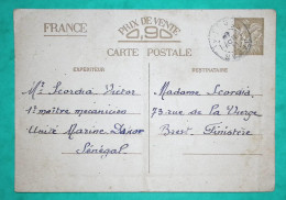 ENTIER IRIS 90C DAKAR SENEGAL MECANICIEN MARINE POUR BREST FINISTERE 1940 WW2 LETTRE COVER FRANCE - Guerra De 1939-45