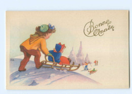 Y5557/ Bonne Annee Neujahr Kinder Rodeln Schlitten  AK Ca.1950  - Anno Nuovo