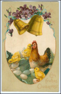 N8402/ Ostern Hühner Küken Glocken Litho Prägedruck AK Ca.1900 - Easter