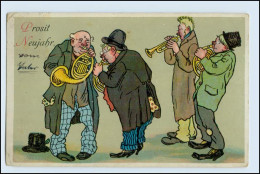 W3T57/ Neujahr Männer Musizieren Mit Trompete U. Horn  Litho AK 1913 - Año Nuevo