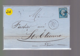 Un Timbre Napoléon III   N° 14  20 C Bleu   Sur Lettre  Départ Lyon 1860  Destination  St -Etienne Pc 1818 - 1853-1860 Napoléon III