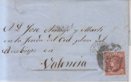 Año 1860 Edifil 52 4c Isabel II Carta A Valencia Matasellos Rueda Carreta 2 Barcelona Membrete F,Amigo Suari - Covers & Documents