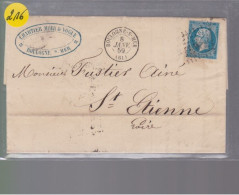 Un Timbre Napoléon III   N° 14  20 C Bleu   Sur Lettre  Départ Boulogne 1859   Destination  St -Etienne - 1853-1860 Napoleon III