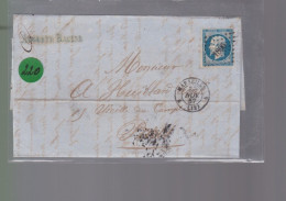 Un Timbre Napoléon III   N° 14  20 C Bleu   Sur Lettre  Départ Marseille 1857   Destination Paris  Pc 1896 - 1853-1860 Napoleon III