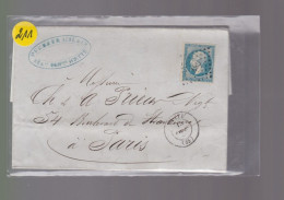 Un Timbre Napoléon III   N° 14  20 C Bleu   Sur Lettre  Départ Havre    Destination Paris - 1853-1860 Napoléon III