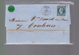 Un Timbre Napoléon III   N° 14  20 C Bleu   Sur Lettre  Départ Cette  1861     Destination Toulouse - 1853-1860 Napoléon III.