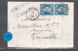 Une Paire    Timbres  Napoléon III   N° 14  20 C Bleu   Sur Lettre   1859  Destination Grenoble  Pc 3671 - 1853-1860 Napoléon III.