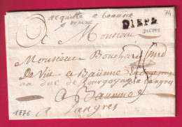 MENTION ACQUITE A BEAUNE COTE D'OR 1776 DEPART DIEPPE SEINE INFERIEURE POUR LANGRES HAUTE SAONE LETTRE - 1701-1800: Precursores XVIII