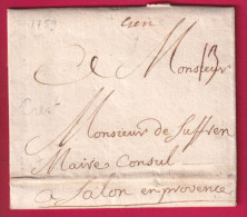 MARQUE MANUSCRIT CREST DROME 1759 POUR SALON DE PROVENCE LN°1 INDICE 11 LETTRE - 1701-1800: Voorlopers XVIII