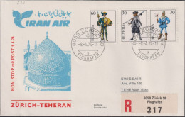 1974 IRAN AIR, Zürich-Teheran R Brief, Zum:CH W46+W47+W48, Mi:CH 1020+1021+1022, Basel-Zug-Uri. - Primi Voli