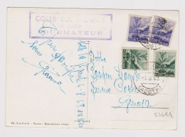 ITALY 1949 Pc With Topic Stamps 2x1Lira, 2x6Lire AOSTA To GENOVA, COLLE DEL GIGANTE M.3324 COURMAYEUR Cachet (53641) - 1946-60: Marcofilie