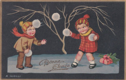 Illustrateur R.SGRILLI--1940-- Bonne Année --Bataille De Boules De Neige Entre Enfants-- - Andere & Zonder Classificatie