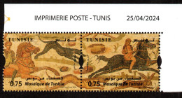2024- Tunisie - Mosaïques - Chasse- Cavaliers - Chien- Lapin- Bande De 2 Timbres - MNH** Coin Daté - Tunisia