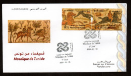 2024- Tunisia - Mosaics - Hunting- Horsemen- Dog- Rabbit- Strip Of 2 Stamps - FDC - Museen