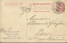 SUISSE CARTE ENTIER 10c MARQUE LINEAIRE BIENNE ( BIEL ) + AMBULANT N°39  POUR PARIS  DE 1908 LETTRE COVER - Covers & Documents