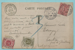 Postkaart Paris Via MONS (STATION) 23/06/1904 Naar BAUDOUR 23/06/1904 Met TX 5+6 - Lettres & Documents