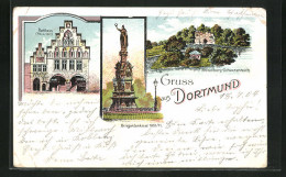 Lithographie Dortmund, Kriegerdenkmal 1870 /71, Rathaus  - Dortmund