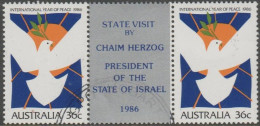 AUSTRALIA - USED 1986 72c International Year Of Peace - State Visit Of President Of The State Of Israel Gutter Pair - Gebruikt