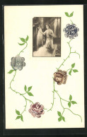 AK Briefmarkencollage Kniende Frau Und Blumen  - Sellos (representaciones)