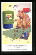 Künstler-AK Lawson Wood: Rauchender Affe Vor Einem Fernseher, Actions Speak Louder Than Words  - Affen