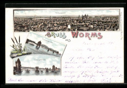 Lithographie Worms, Eisenbahnbrücke, Totalansicht Und Strassenbrücke  - Worms