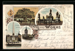 Lithographie Worms, Lutherbaum, Lutherdenkmal Und Wasserthurm  - Worms