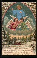 Lithographie Weihnachtsengel Und Segnendes Christkind über Kirche  - Angels