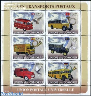 Comoros 2008 Postal Automobiles 6v M/s, Mint NH, Nature - Transport - Various - Birds - Post - Automobiles - Globes - Poste